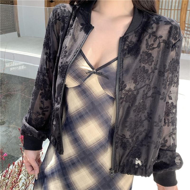 Zip Jacket Flower Sheer Embroidered