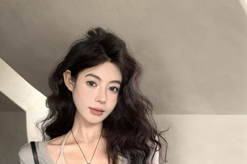 Plain Neck Tee / Top V-Neck Halter Long-Sleeve Scoop