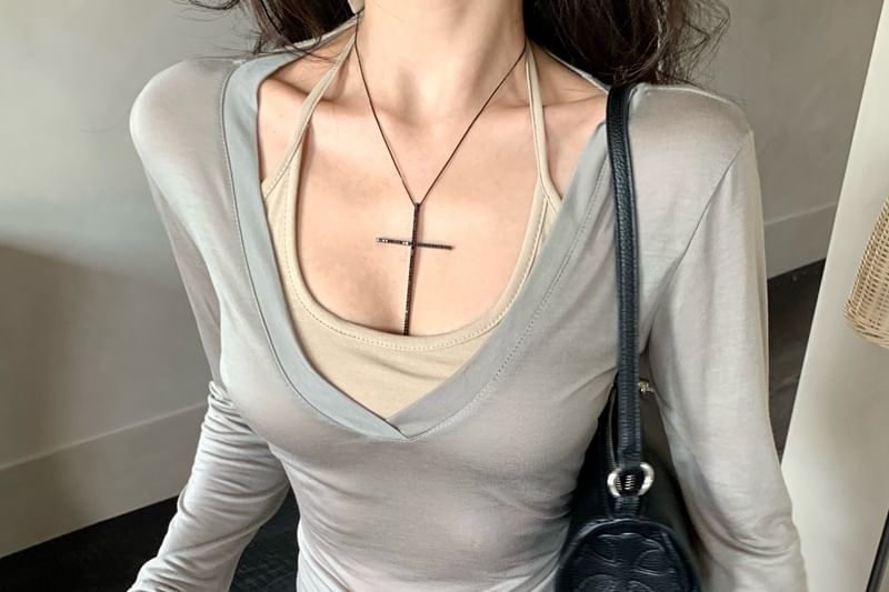 Plain Neck Tee / Top V-Neck Halter Long-Sleeve Scoop