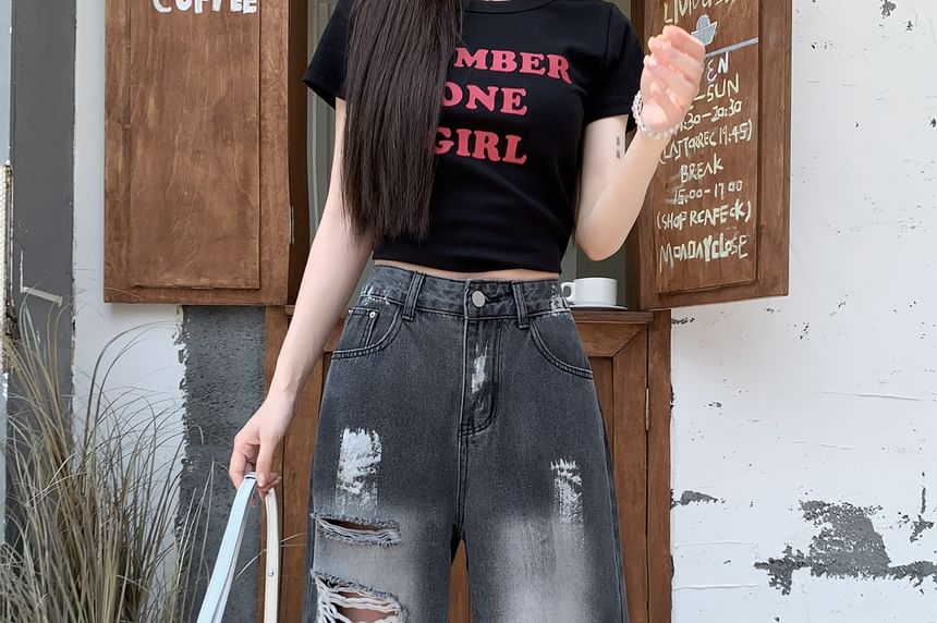 Splash Waist Leg Distressed Wide Washed High Print Jeans