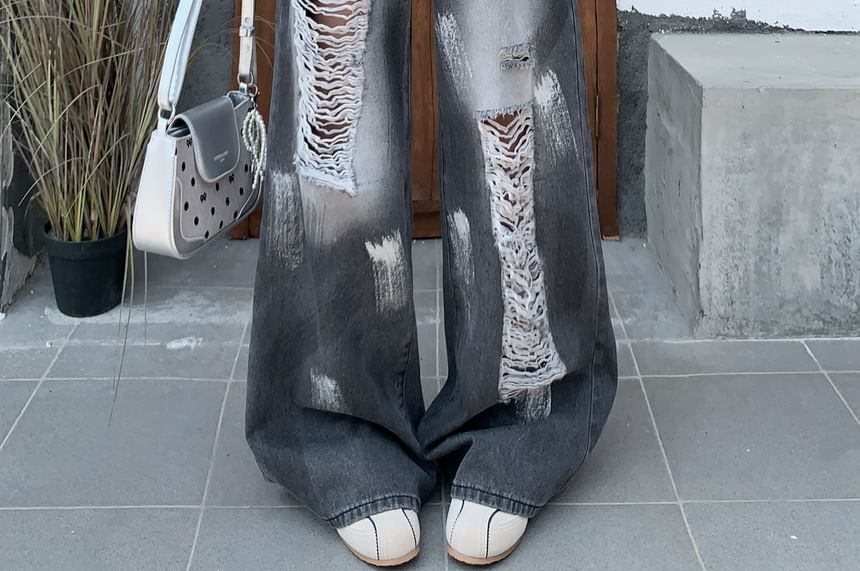 Splash Waist Leg Distressed Wide Washed High Print Jeans