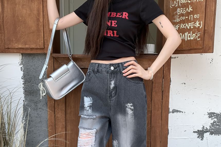 Splash Waist Leg Distressed Wide Washed High Print Jeans