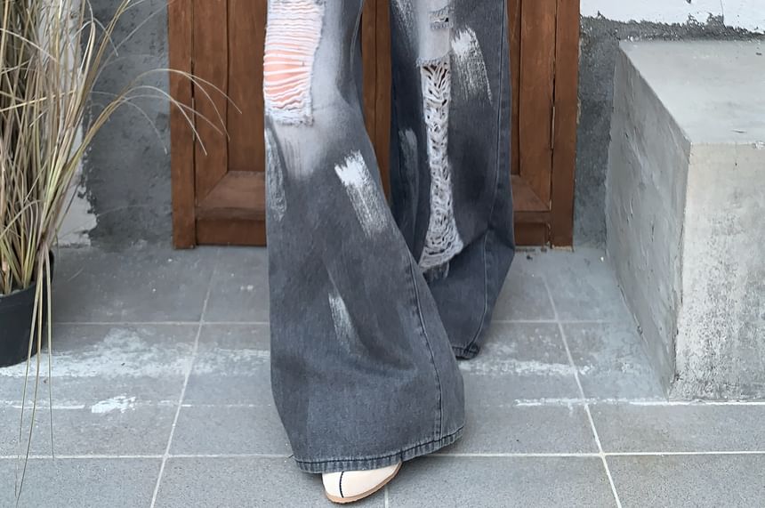 Splash Waist Leg Distressed Wide Washed High Print Jeans