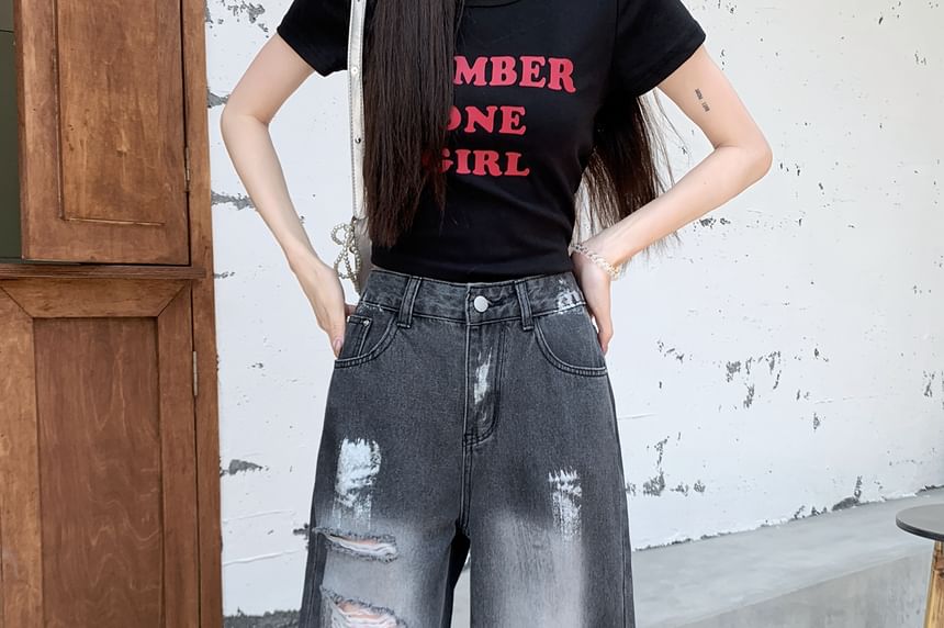 Splash Waist Leg Distressed Wide Washed High Print Jeans