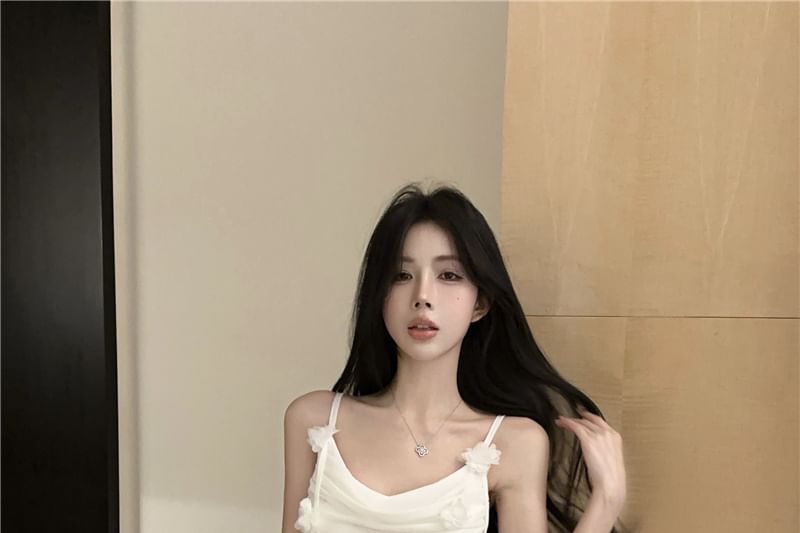 Plain Dress Detail Spaghetti Mermaid Side-Slit Flower Strap Ruched Maxi