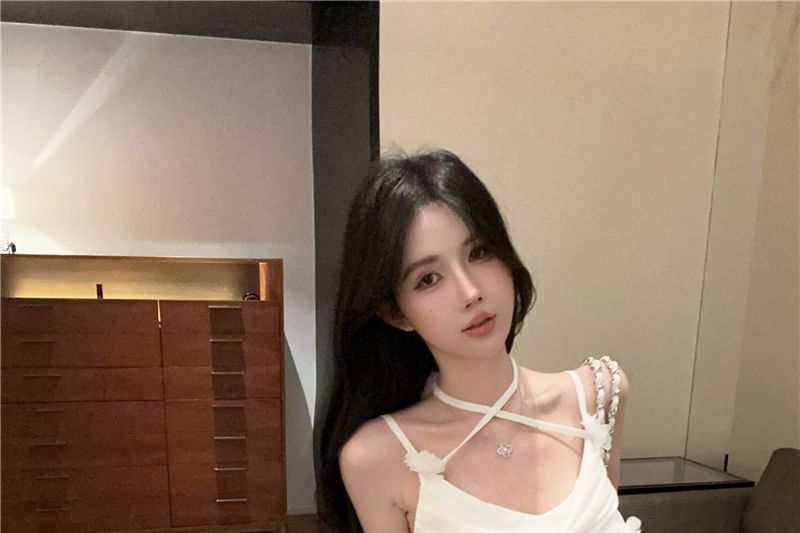 Plain Dress Detail Spaghetti Mermaid Side-Slit Flower Strap Ruched Maxi