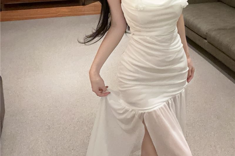 Plain Dress Detail Spaghetti Mermaid Side-Slit Flower Strap Ruched Maxi
