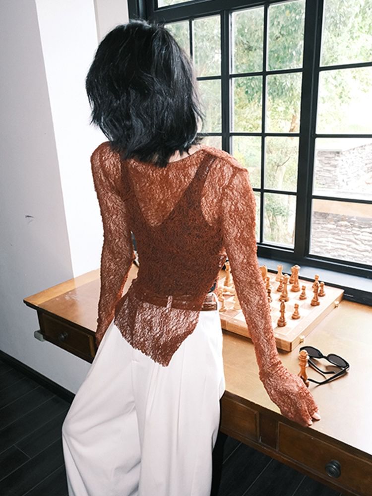 Slit Lace Long-Sleeve Top with Round Neck