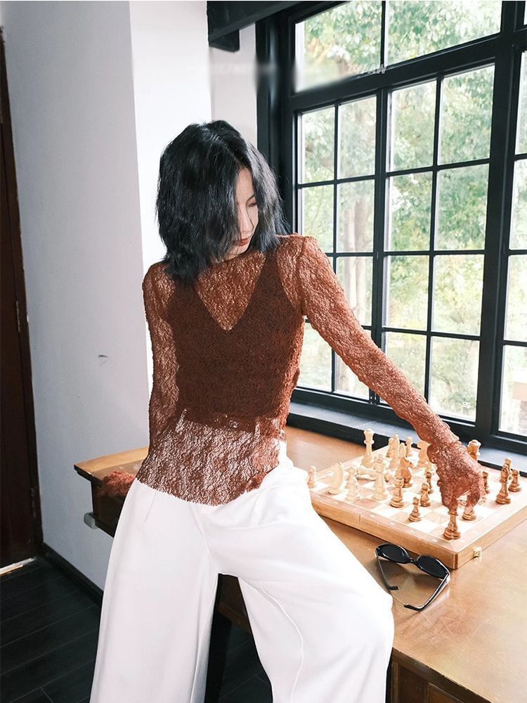 Slit Lace Long-Sleeve Top with Round Neck