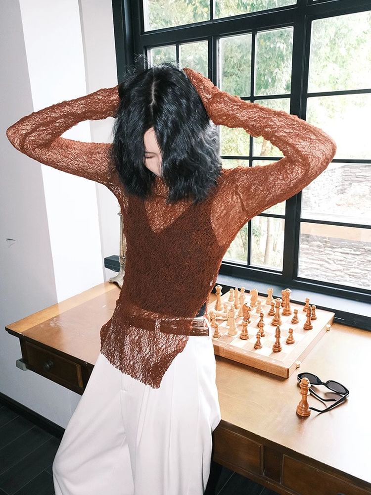 Slit Lace Long-Sleeve Top with Round Neck