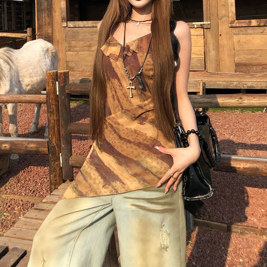 Printed Top Ruffled Asymmetrical Camisole