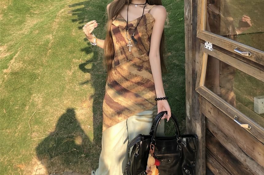 Printed Top Ruffled Asymmetrical Camisole