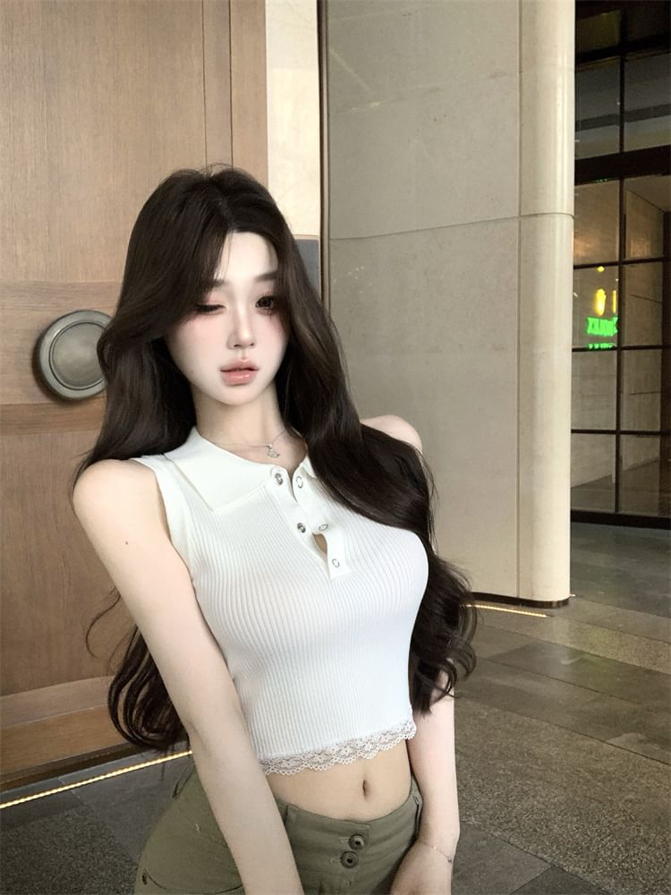 Plain Sleeveless Collared Trim Lace Top