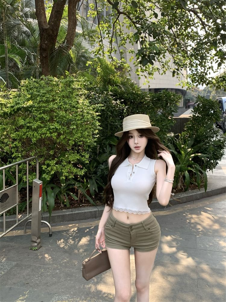 Plain Sleeveless Collared Trim Lace Top