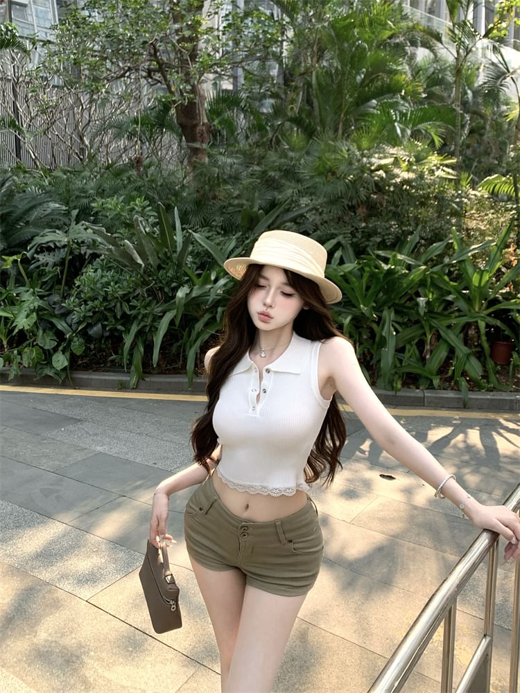 Plain Sleeveless Collared Trim Lace Top