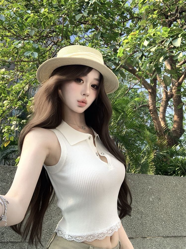 Plain Sleeveless Collared Trim Lace Top