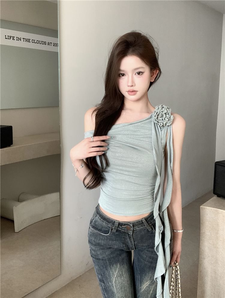 Plain Crop One-Shoulder Floral Top Shirred