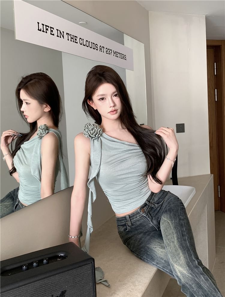 Plain Crop One-Shoulder Floral Top Shirred