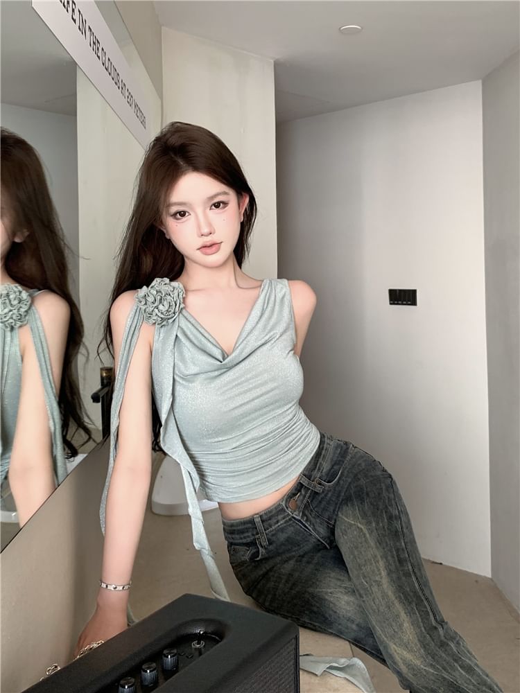 Plain Crop One-Shoulder Floral Top Shirred