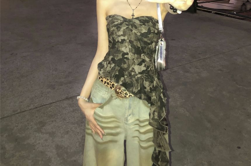 Print Ruffled Top Tube Camo Asymmetrical