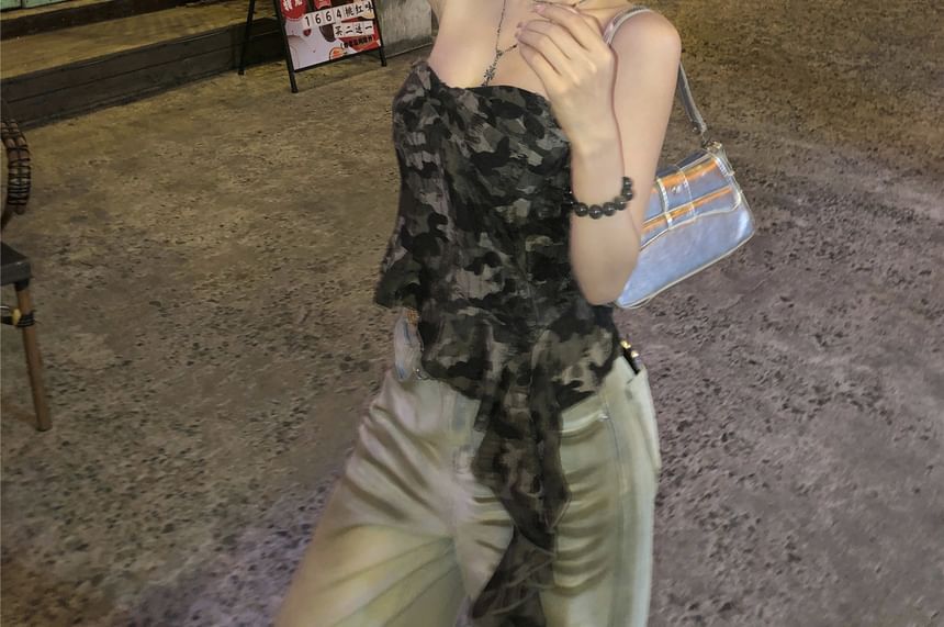 Print Ruffled Top Tube Camo Asymmetrical