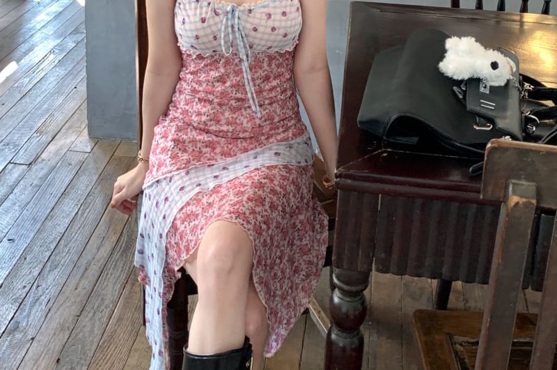 Dress Asymmetrical Print Mini Spaghetti Floral Panel Bodycon Strap