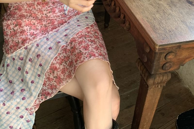 Dress Asymmetrical Print Mini Spaghetti Floral Panel Bodycon Strap