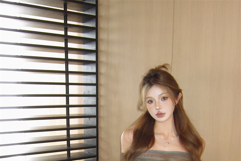 Off-Shoulder Long-Sleeve Set: + Camo Tube Top Print Mesh Crop