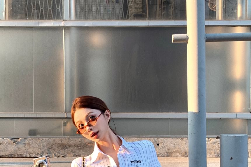 Numbering Shirt Striped Elbow-Sleeve Button-Up