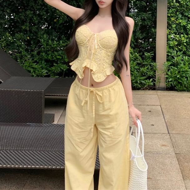 Pants Camisole Top Leg Wide Mid Shirred Plain Waist / Ruffled Crop