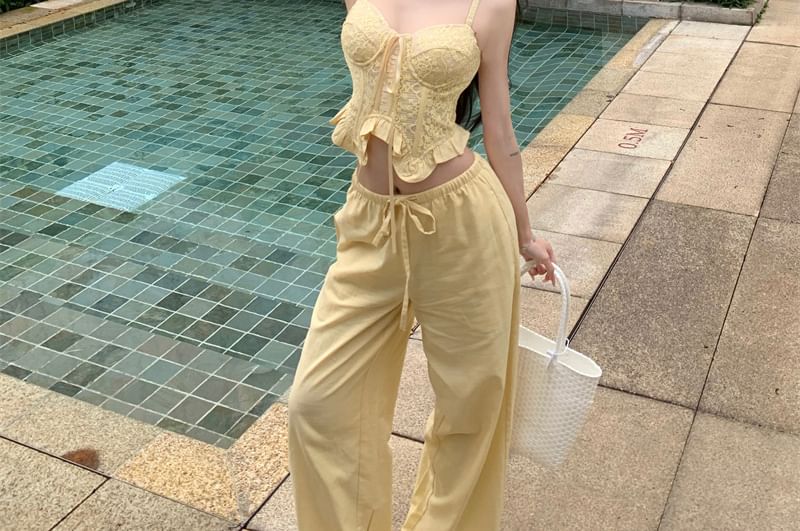 Pants Camisole Top Leg Wide Mid Shirred Plain Waist / Ruffled Crop