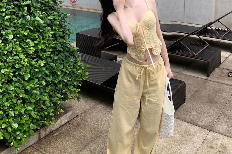 Pants Camisole Top Leg Wide Mid Shirred Plain Waist / Ruffled Crop