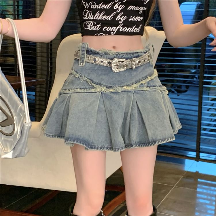 Mini Mid Rise Skirt Tassel Washed A-Line Denim Trim