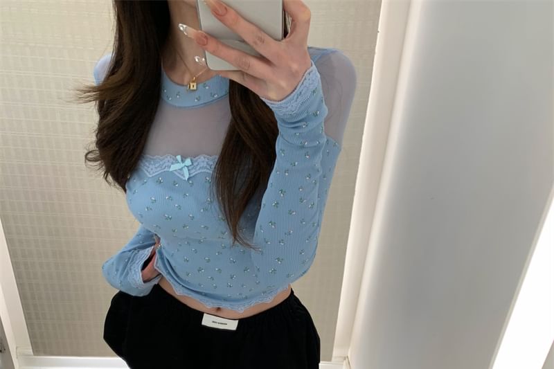 Panel Neck Mesh Crop Top Round Dotted Long-Sleeve