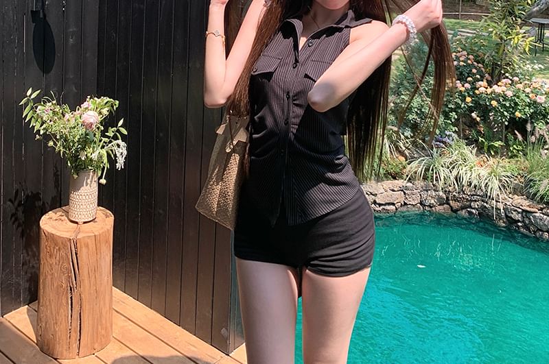 Shirt Shirred Halter-Neck Striped Button-Up