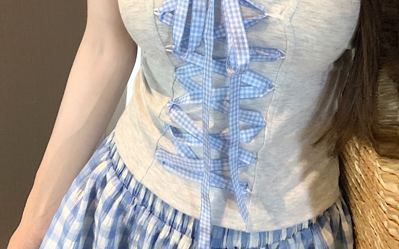 Gingham Tube Top Lace-Up