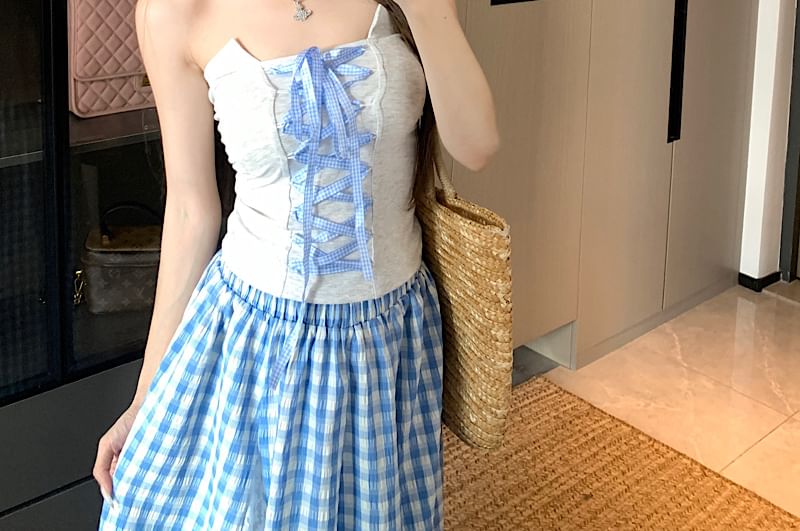 Gingham Tube Top Lace-Up