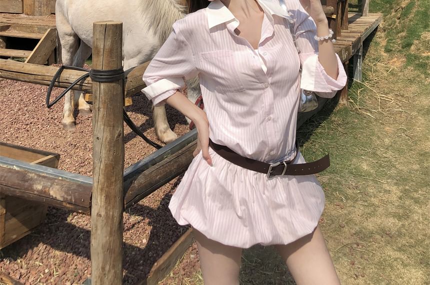 Long-Sleeve Striped + Set: Shirtdress Mini Belt Button-Up