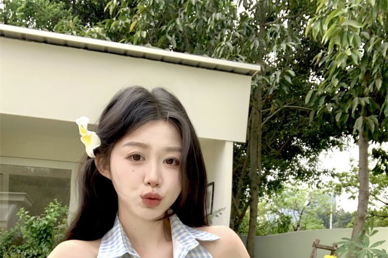 Halter-Neck Button-Up A-Line Pleated Gingham Dress Mini