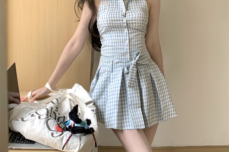 Halter-Neck Button-Up A-Line Pleated Gingham Dress Mini