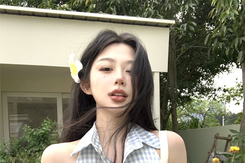 Halter-Neck Button-Up A-Line Pleated Gingham Dress Mini