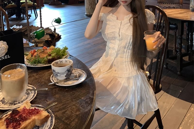 A-Line Shirred Blouse Mini Plain Rise Off-Shoulder High / Skirt Ruffled
