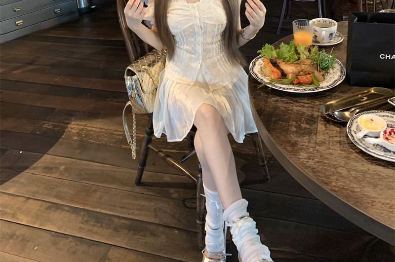 A-Line Shirred Blouse Mini Plain Rise Off-Shoulder High / Skirt Ruffled