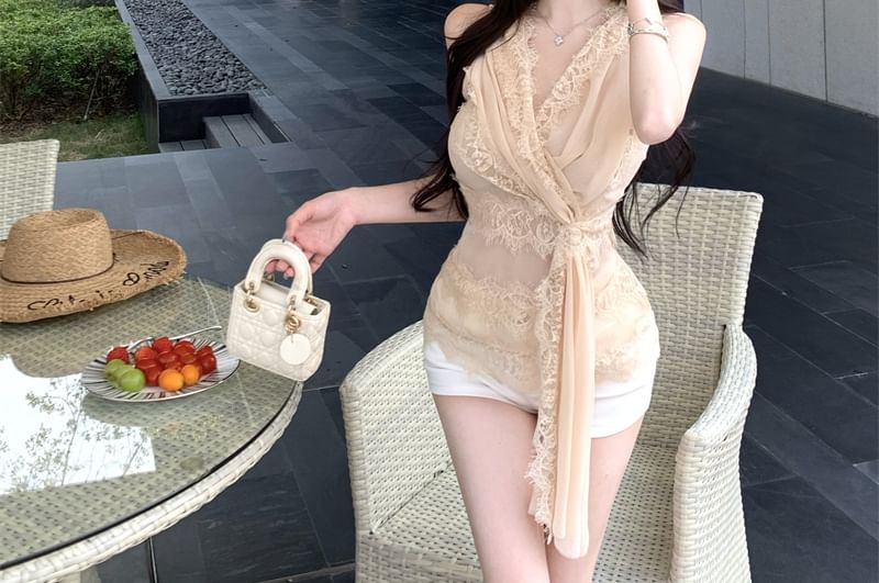Lace Sleeveless Wrap V-Neck Top