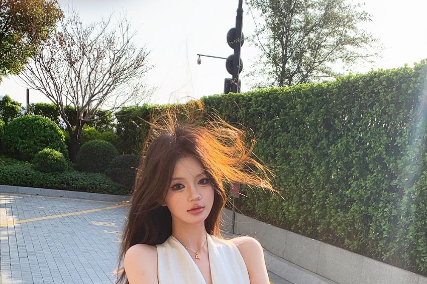 Faux Halter-Neck Plain A-Line / Leather Dress Belt Midi