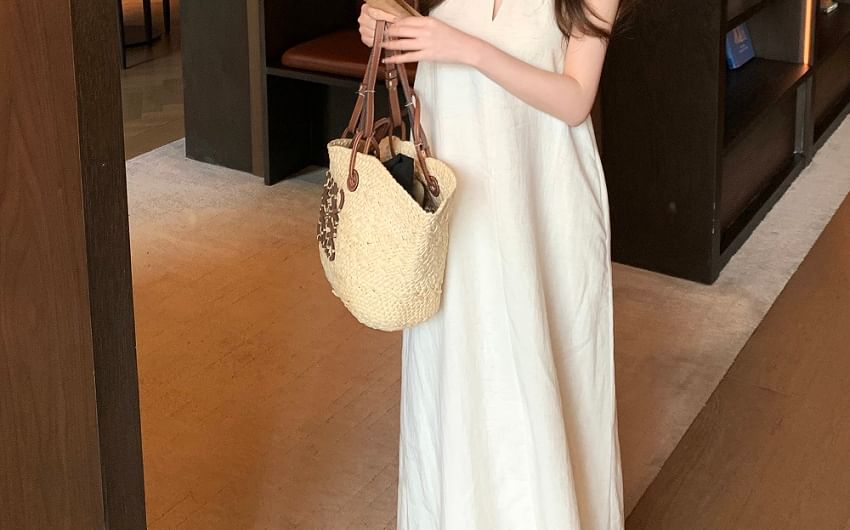 Faux Halter-Neck Plain A-Line / Leather Dress Belt Midi