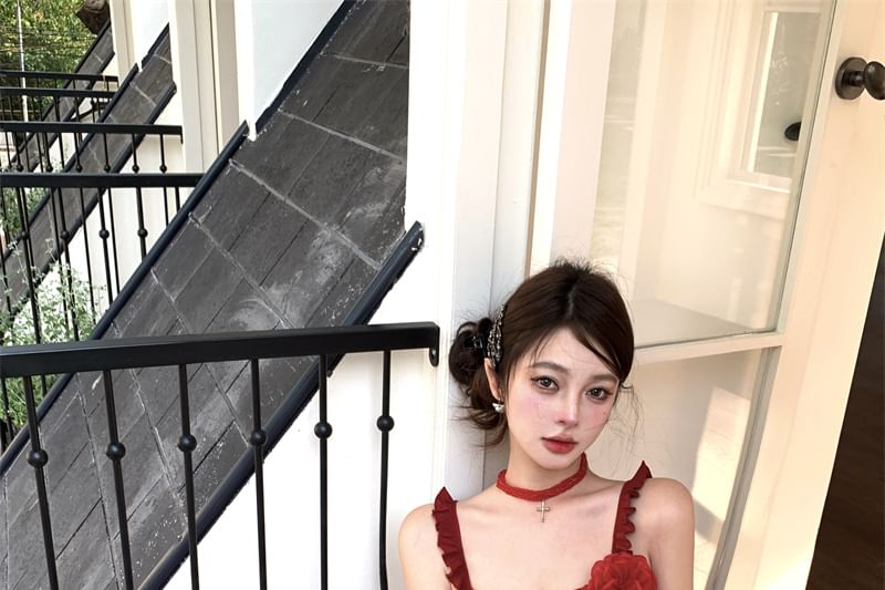 Top High Cami Waist Skirt Asymmetrical Floral / Pencil Ruffled Mini