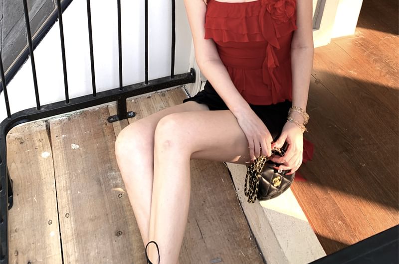 Top High Cami Waist Skirt Asymmetrical Floral / Pencil Ruffled Mini