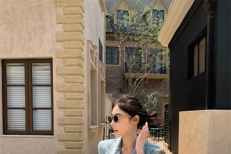 Lace Layered High Button-Up Denim / Midi Vest Rise Skirt A-Line Washed