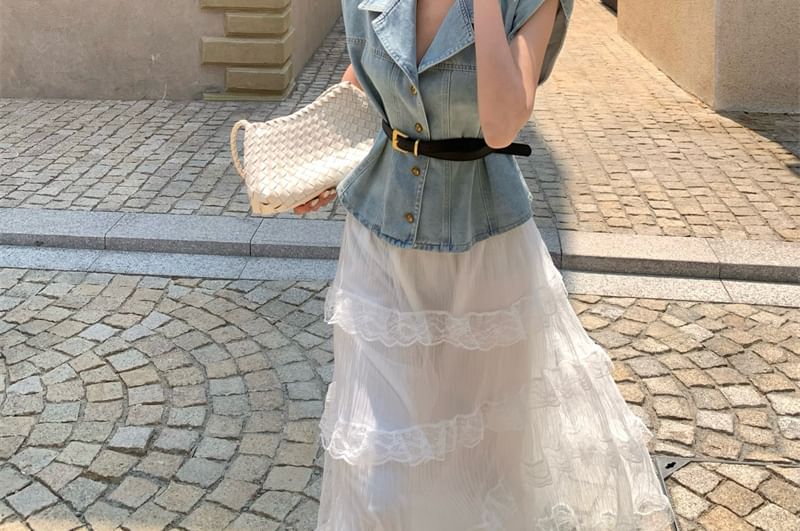 Lace Layered High Button-Up Denim / Midi Vest Rise Skirt A-Line Washed